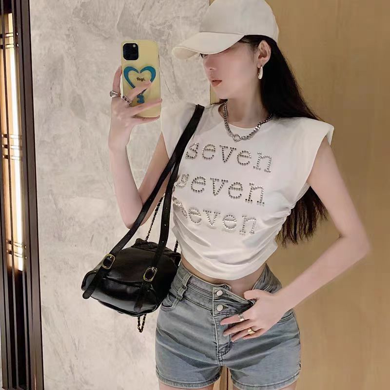 VIBRATE韩版夏季新款韩版字母无袖T恤短款褶皱辣妹背心上衣女潮