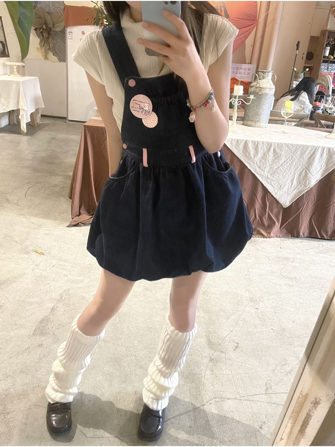 Japanese girl sweet and cute retro high waist  summer new denim strap flower bud fluffy dress female