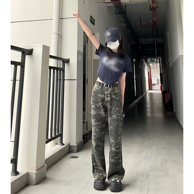 YSYOURS辣妹迷彩休閒牛仔褲女直筒軍綠設計感顯瘦高街褲子ins潮流