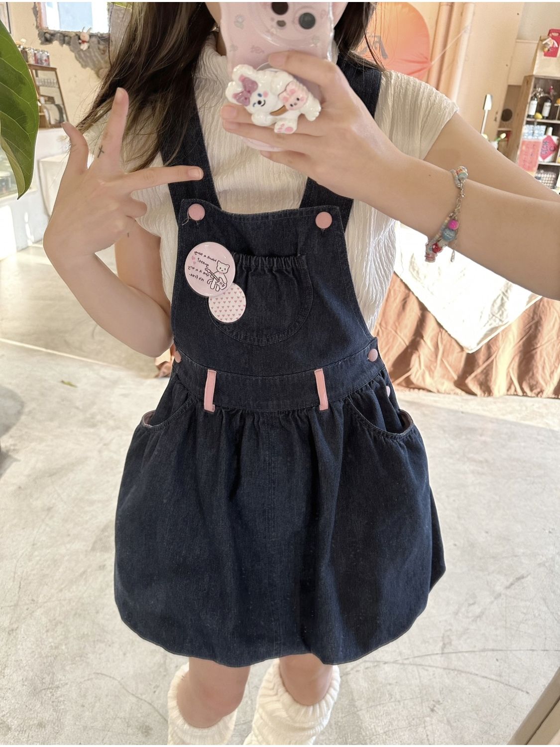 Japanese girl sweet and cute retro high waist  summer new denim strap flower bud fluffy dress female