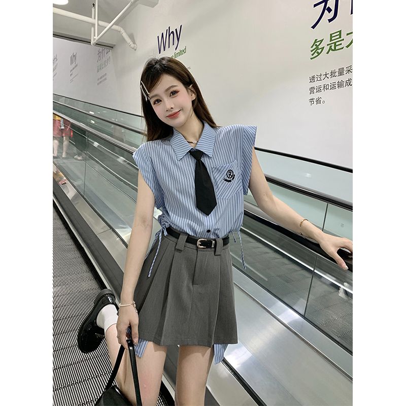 學院風復古刺繡設計感小飛袖襯衫上衣夏季百褶半身裙子時尚套裝女