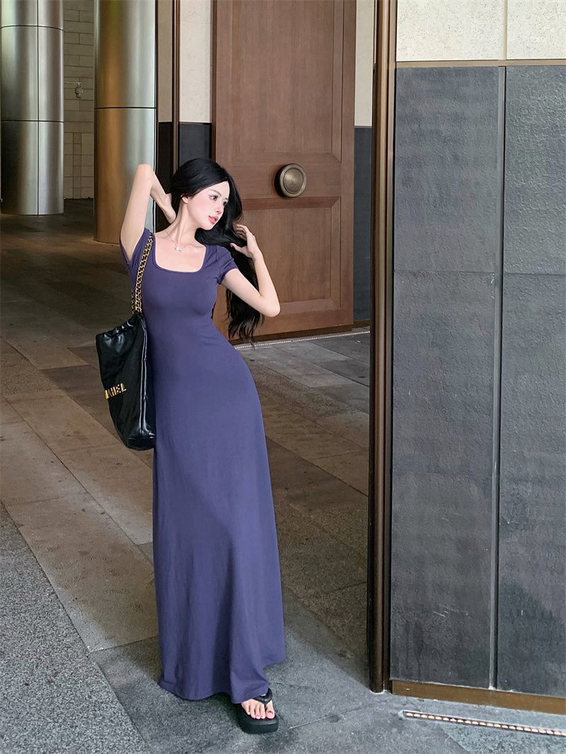 VIBRATE韩版方领蓝色短袖T恤连衣裙女夏季收腰气质长裙a字裙子