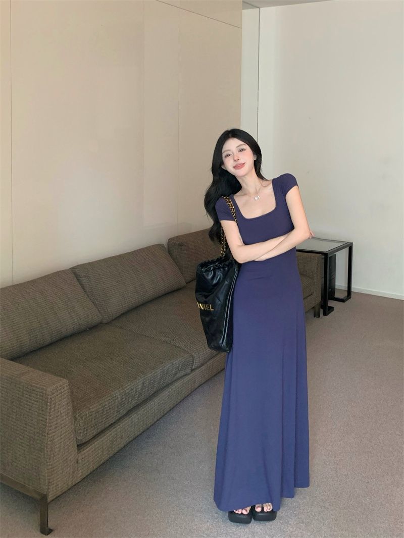 VIBRATE韩版方领蓝色短袖T恤连衣裙女夏季收腰气质长裙a字裙子