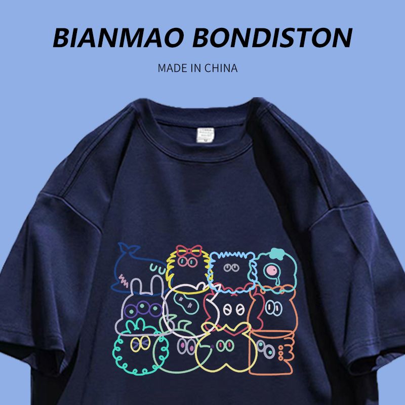 260g heavy cotton Japanese Hong Kong style chic navy blue cartoon little monster boudoir honey dress short-sleeved T-shirt top ins