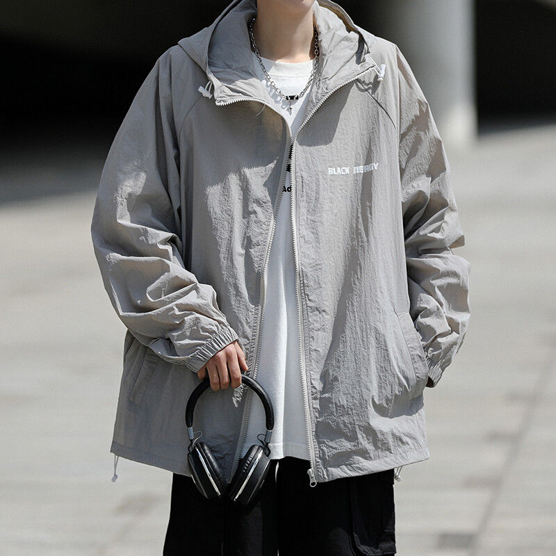 夏季新款防曬衣男港風寬鬆拉鏈防曬服外套純色大碼連帽休閒夾克潮