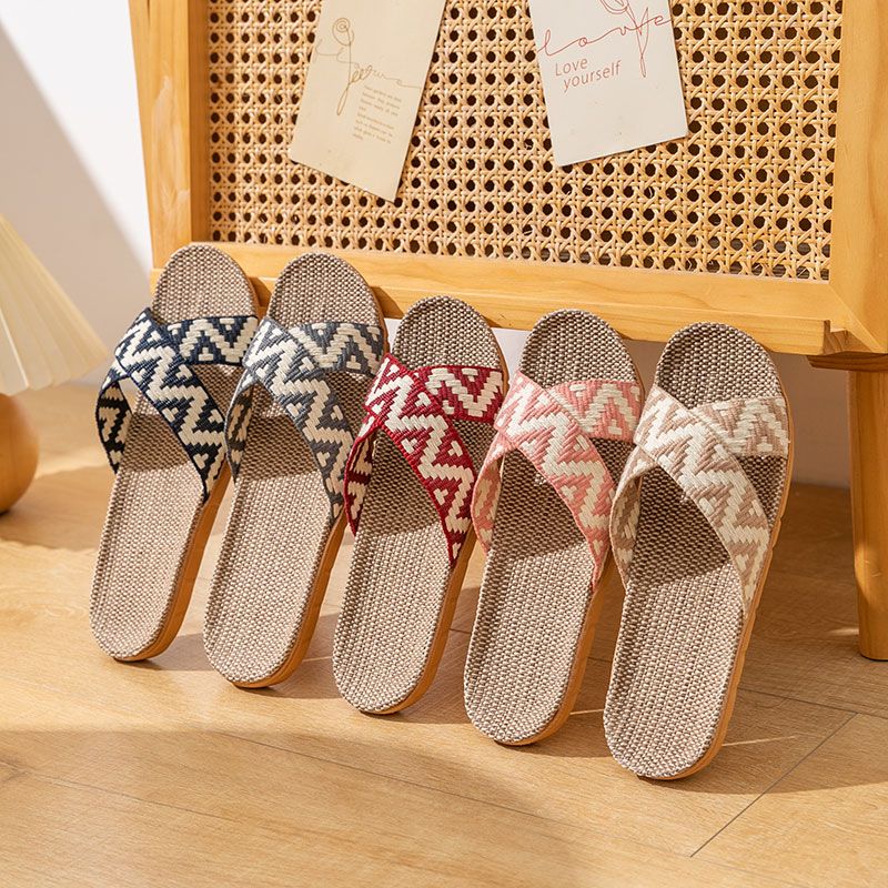 Breathable anti-odor linen slippers for men's home four seasons indoor home soft-soled non-slip floor slippers for women summer