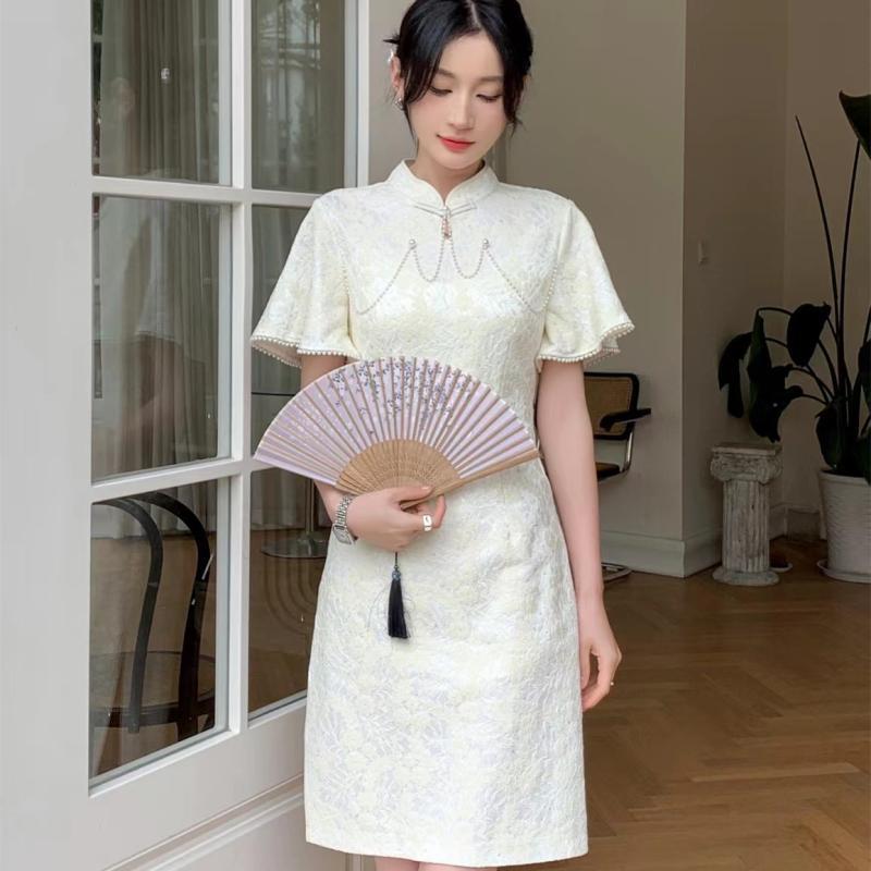 國風改良旗袍連衣裙女2023夏新款立領喇叭袖小眾溫柔風年輕款長裙