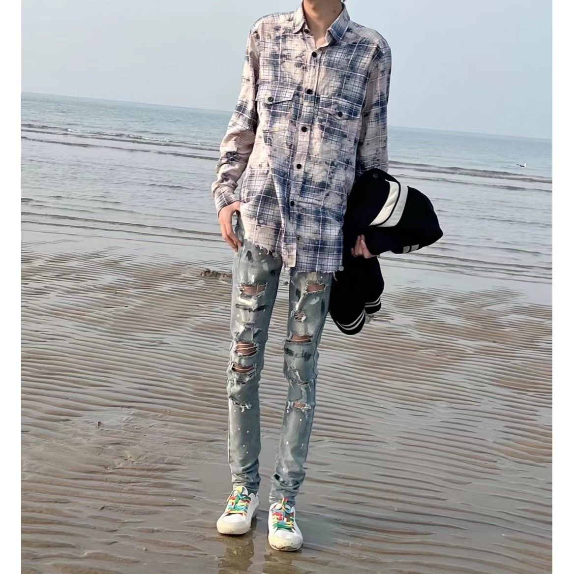 夏季手繪潑墨藍牛fog高街破洞牛仔褲潮男女同款情侶百搭修身長褲