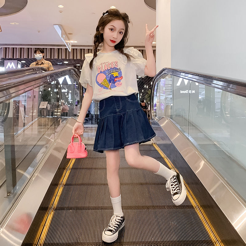 Girls' fashionable summer clothes for autumn  new children's Korean style Internet celebrity medium and large children's summer suits princess skirts