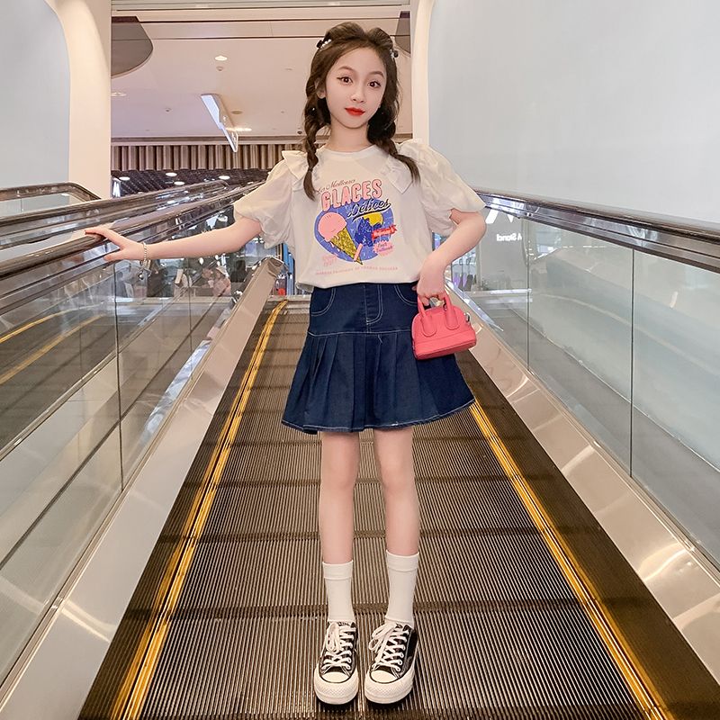 Girls' fashionable summer clothes for autumn  new children's Korean style Internet celebrity medium and large children's summer suits princess skirts