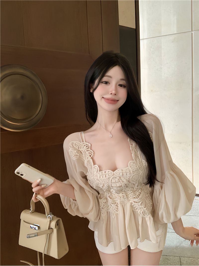 氣質重工方領雪紡襯衫女裝夏季蕾絲拼接收腰露背綁帶襯衣防曬上衣