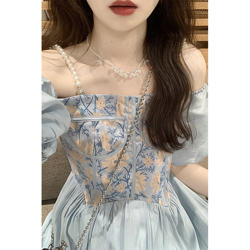 One-shoulder puff sleeve dress women's summer  new French heavy industry jacquard waist slimming skirt