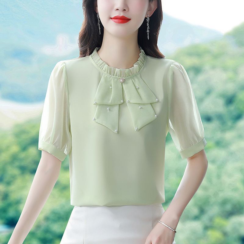 2023夏季新款時尚木耳邊立領飄帶雪紡衫女百搭氣質短袖上衣