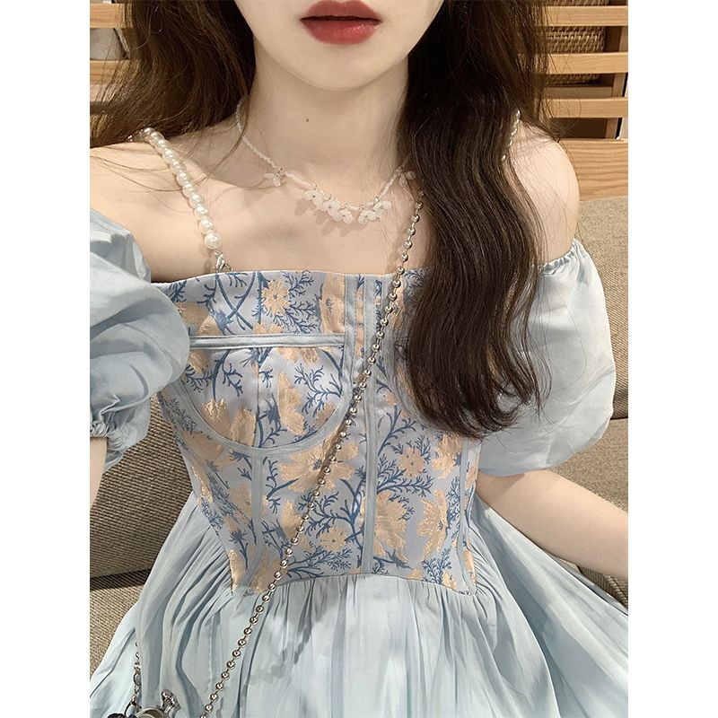 One-shoulder puff sleeve dress women's summer  new French heavy industry jacquard waist slimming skirt