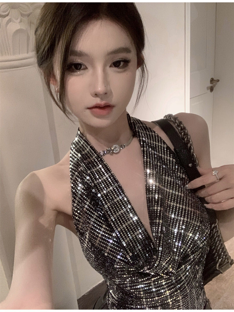 純欲辣妹亮片掛脖吊帶背心女夏季短款修身無袖露背高級感上衣外穿
