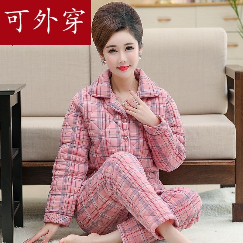 冬季中老年人媽媽睡衣女純棉加厚三層夾棉襖秋冬加棉保暖全棉套裝