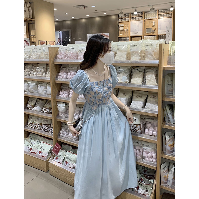 One-shoulder puff sleeve dress women's summer  new French heavy industry jacquard waist slimming skirt