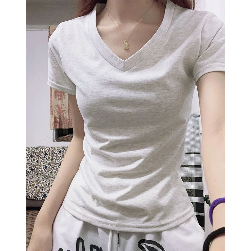 [Positive shoulder pure cotton] Chic V-neck short-sleeved t-shirt women's summer design sense niche sweet hot girl slim fit top