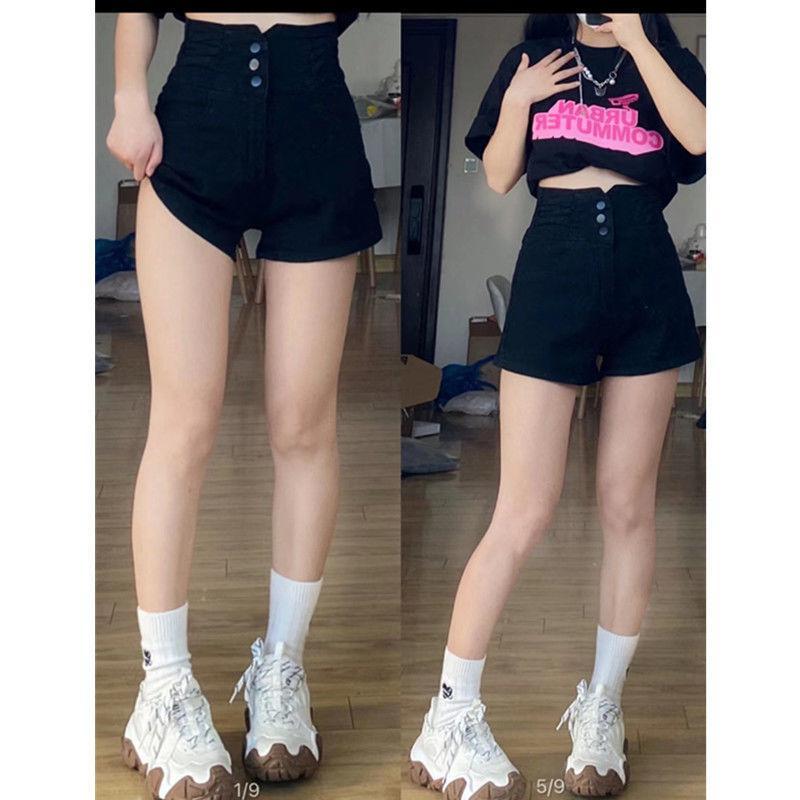 Black high-waisted denim shorts for women summer thin large size fat mm slimming belly-covering small A-line wide-leg hot pants