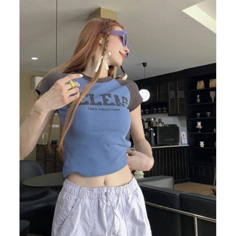 [Positive shoulder pure cotton] American retro chic raglan short-sleeved T-shirt female summer hot girl tight-fitting short crop top