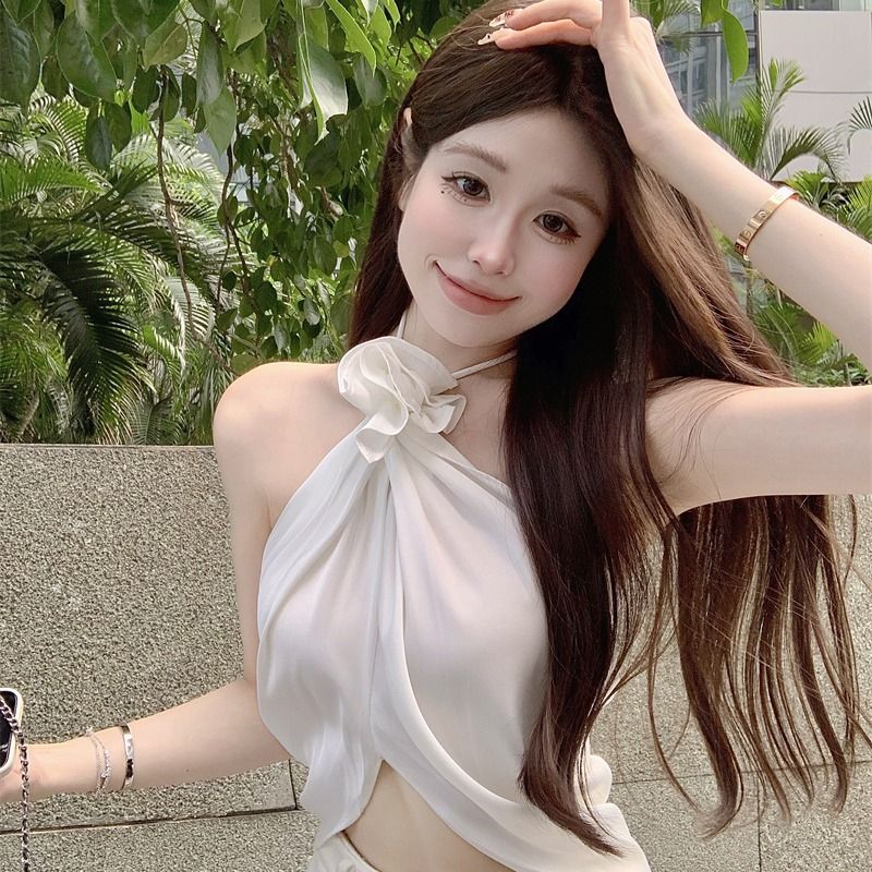掛脖立體手縫花朵吊帶背心女夏季露背氣質上衣設計感短款顯瘦辣妹