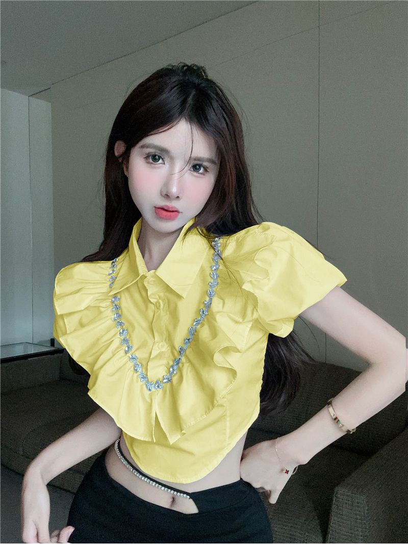 純欲荷葉邊褶皺短款襯衫女夏設計感小眾辣妹白色襯衣氣質顯瘦上衣