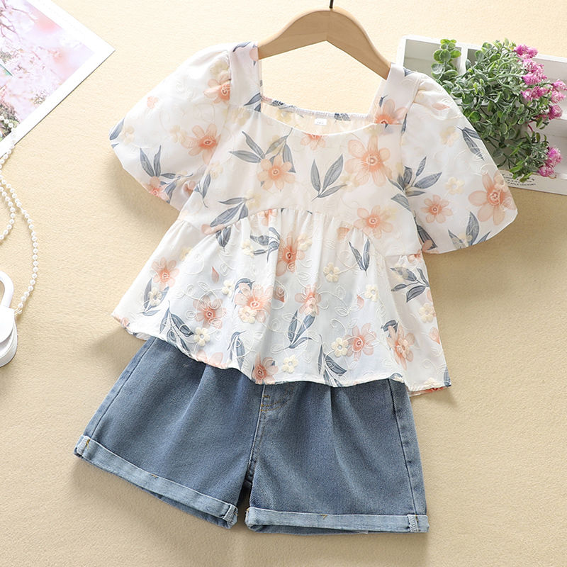 Girls floral shirt set summer little girl short-sleeved top fashionable denim shorts children's summer two-piece set