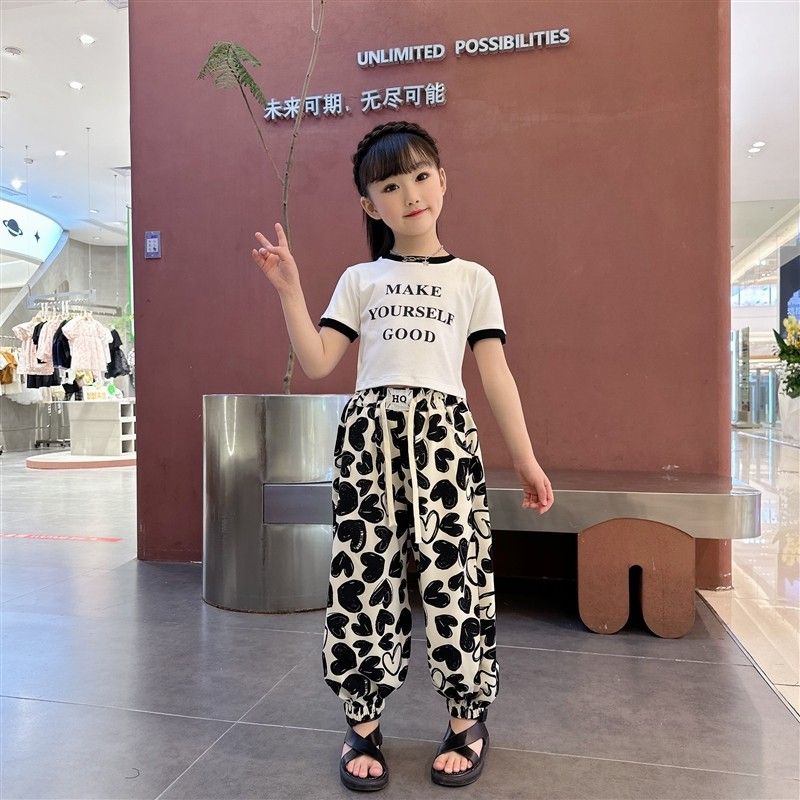 2023新款女童夏裝套裝洋氣時尚短袖休閒防蚊褲中大童寬鬆褲子