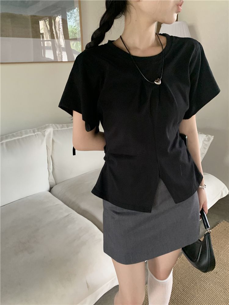 VIBRATE Korean version of the slit short-sleeved T-shirt women's summer new niche design sense of the waist was thin and wrinkled top