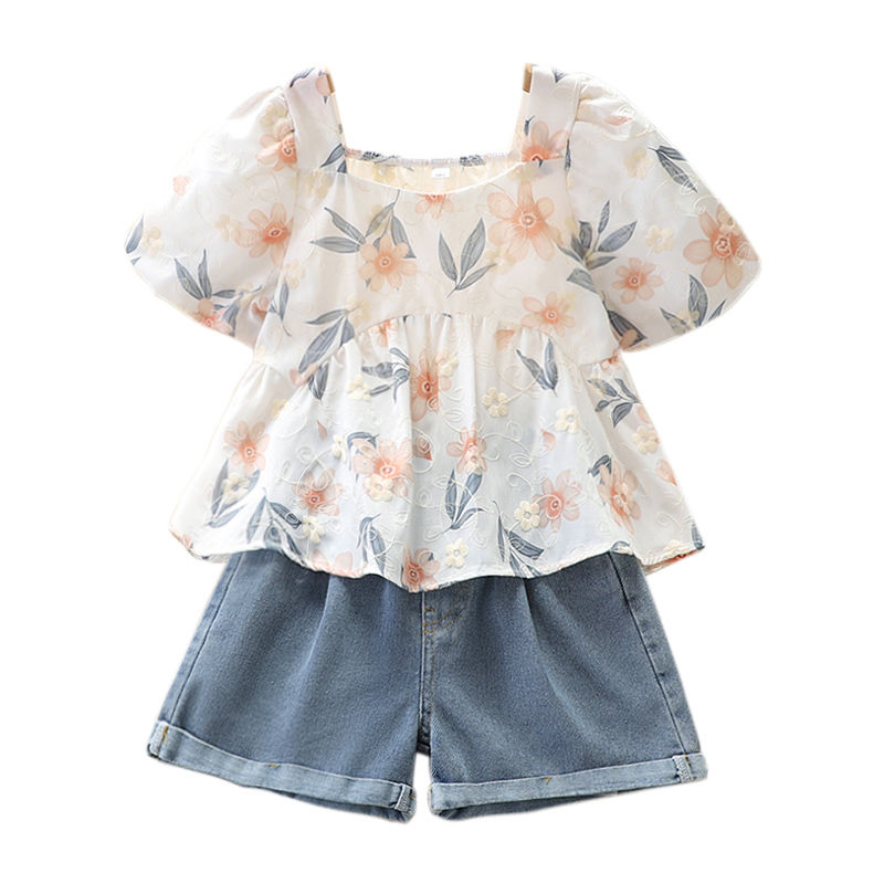 Girls floral shirt set summer little girl short-sleeved top fashionable denim shorts children's summer two-piece set