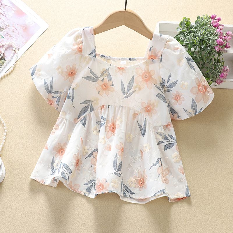 Girls floral shirt set summer little girl short-sleeved top fashionable denim shorts children's summer two-piece set