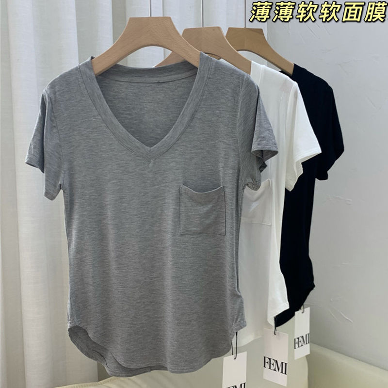 日韓風服裝墜感T恤女夏季新款寬鬆韓版中長版打底衫短袖V領上衣