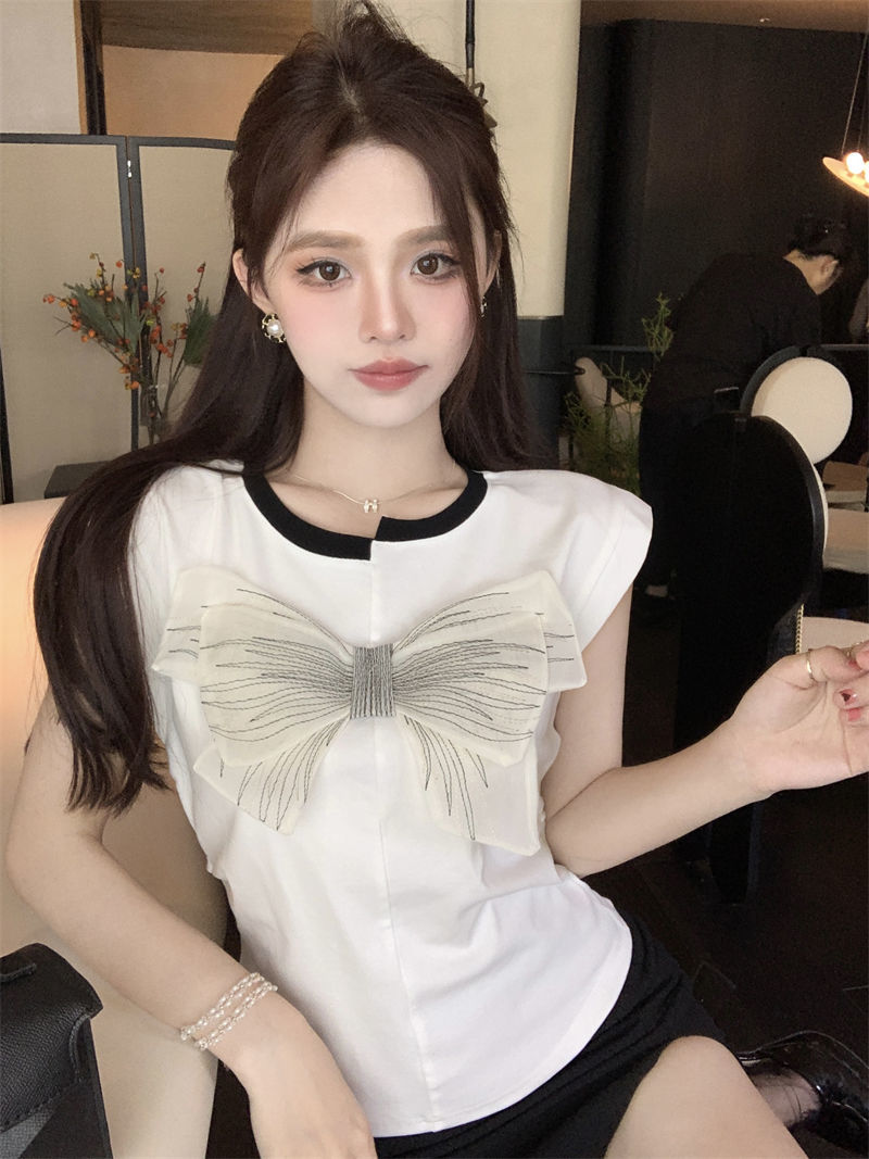 VIBRATE Korean version of bowknot short-sleeved T-shirt women's design sense niche summer splicing slimming slim sweet spicy top