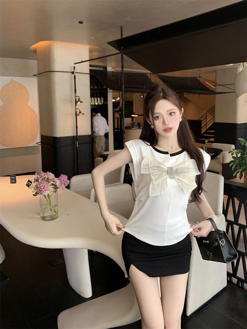 VIBRATE Korean version of bowknot short-sleeved T-shirt women's design sense niche summer splicing slimming slim sweet spicy top