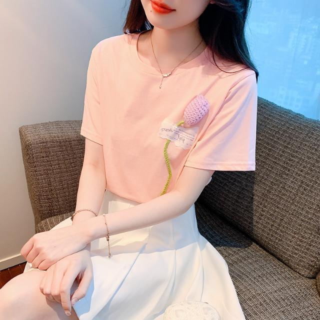 2023夏季新款韓版時尚寬鬆立體花朵純棉女學生短袖字母上衣T恤女