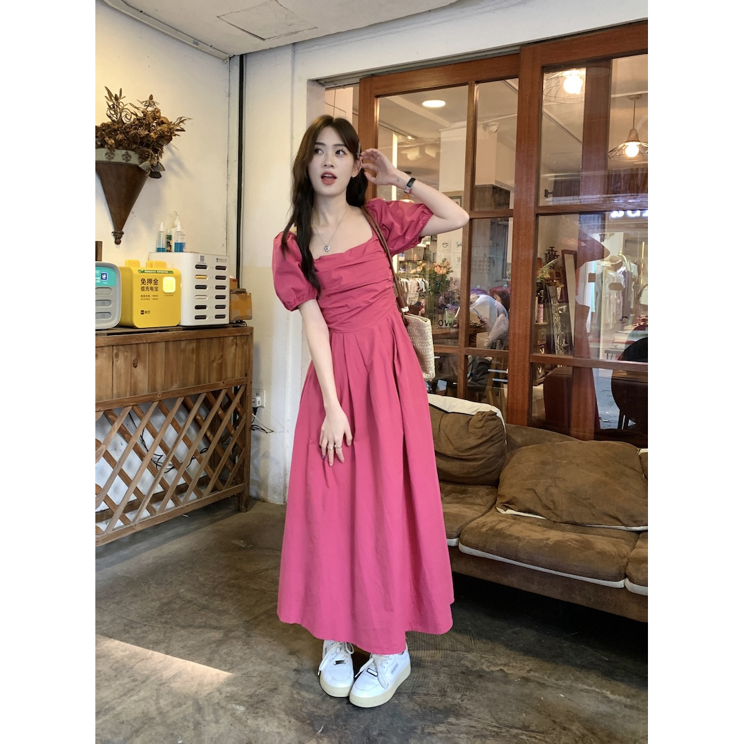 Square collar puff sleeve dress women's summer 2023 new French temperament A-line waist long skirt rose red skirt