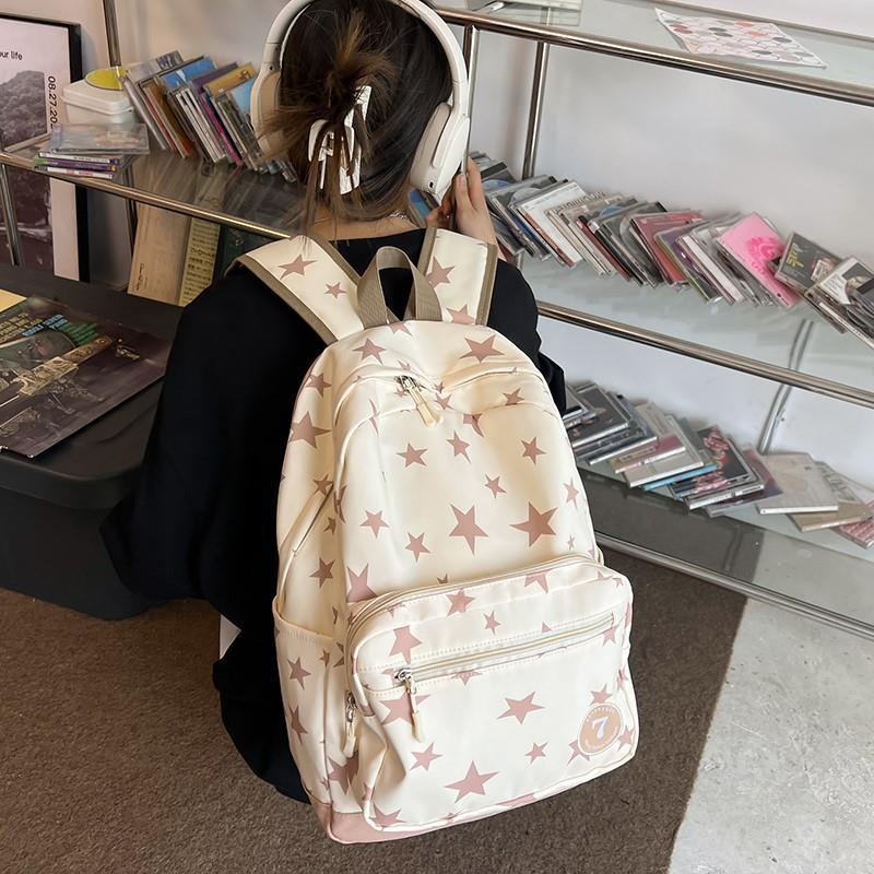 簡約美式印花五角星書包女大學生大容量高中女生背包初中生雙肩包