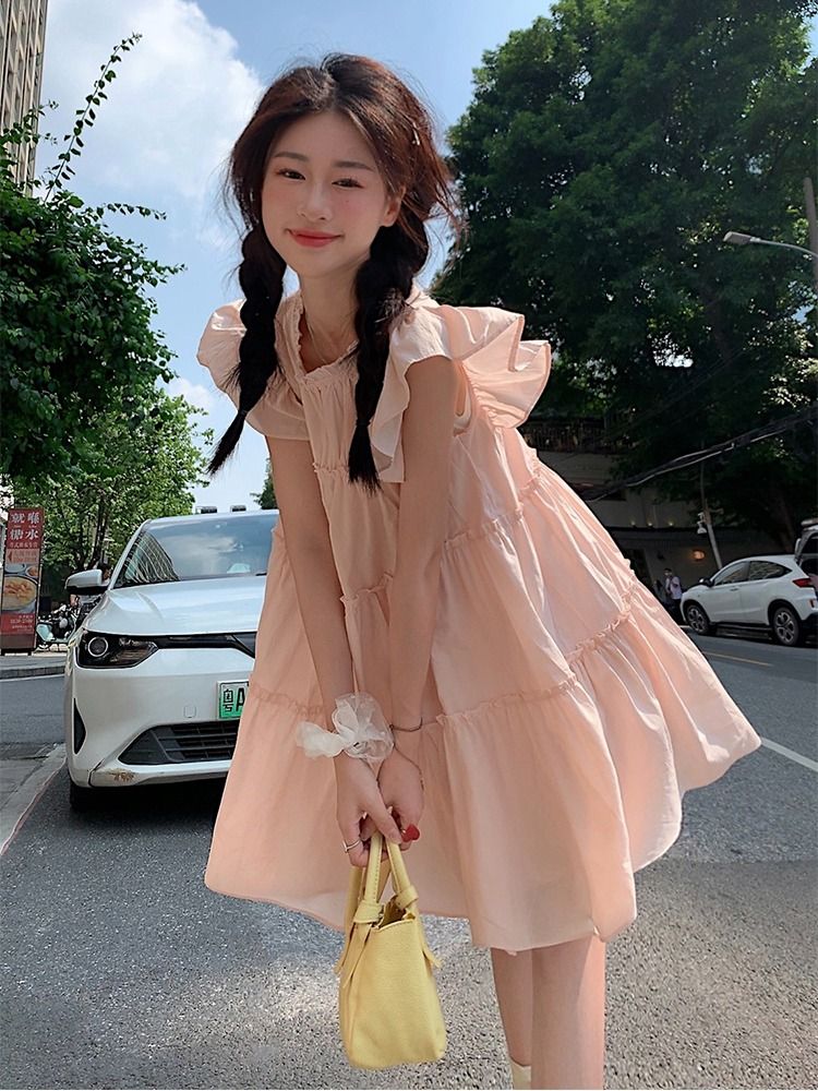 Sweet and gentle pink flying sleeve dress women's summer 2023 new small person loose and thin A-line skirt