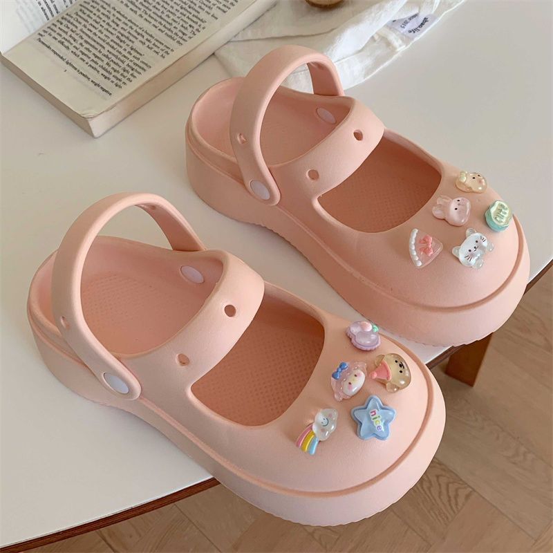 Mary Jane slippers women's summer outside wear stepping on feces feeling non-slip thick bottom  new hole shoes Baotou half drag sandals