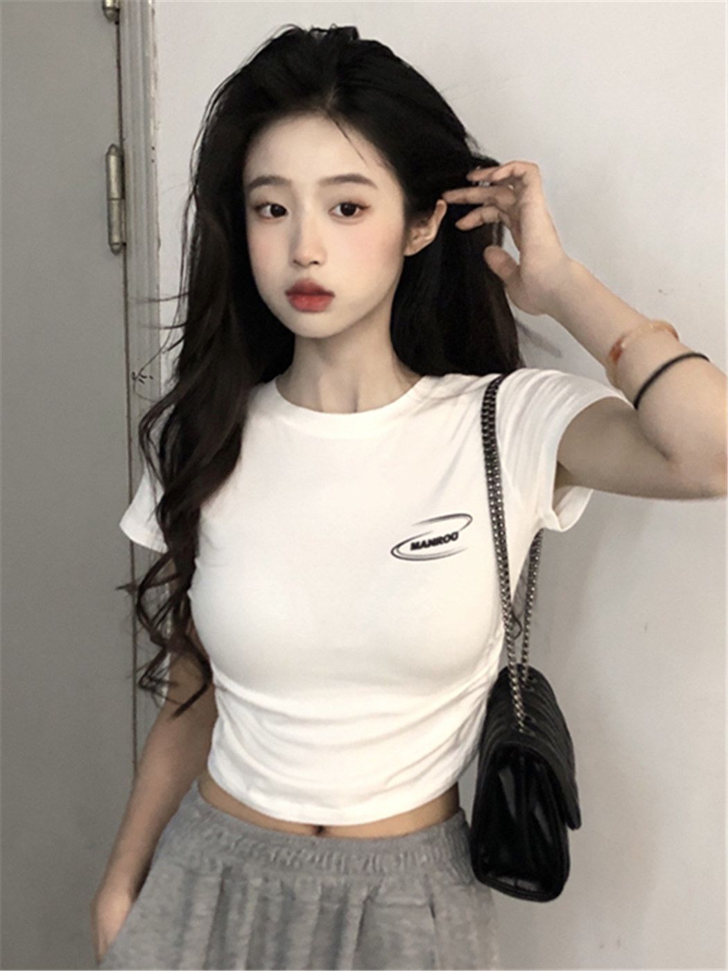 [Positive shoulder pure cotton] white short-sleeved t-shirt women's summer hot girl slim fit irregular umbilical crop top