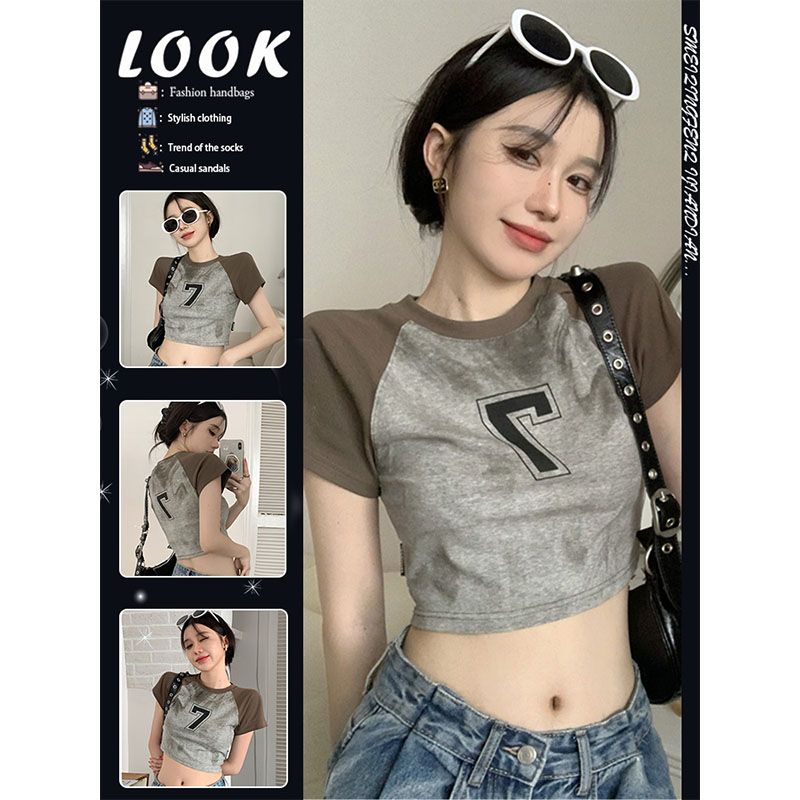 [Positive shoulder pure cotton] American chic raglan shoulder short-sleeved positive shoulder t-shirt women's summer high waist and navel short top ins