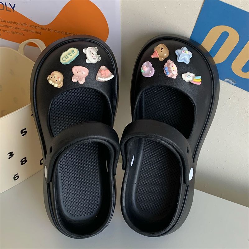 Mary Jane slippers women's summer outside wear stepping on feces feeling non-slip thick bottom 2023 new hole shoes Baotou half drag sandals