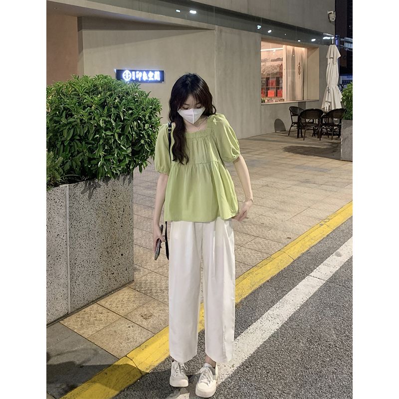 設計感褶皺純色短袖襯衫夏季新款可愛風綠色洋氣泡泡袖方領上衣女