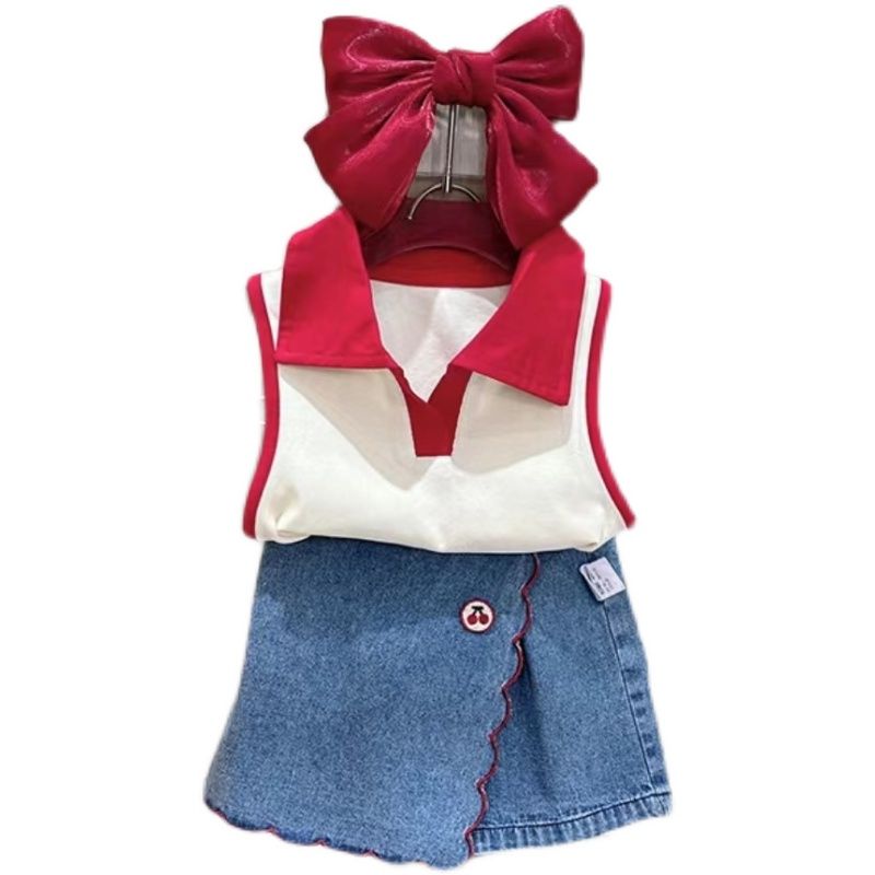 Girls suit, stylish and stylish new summer style girl's thin sleeveless top, denim shorts and skirt, two-piece trendy set