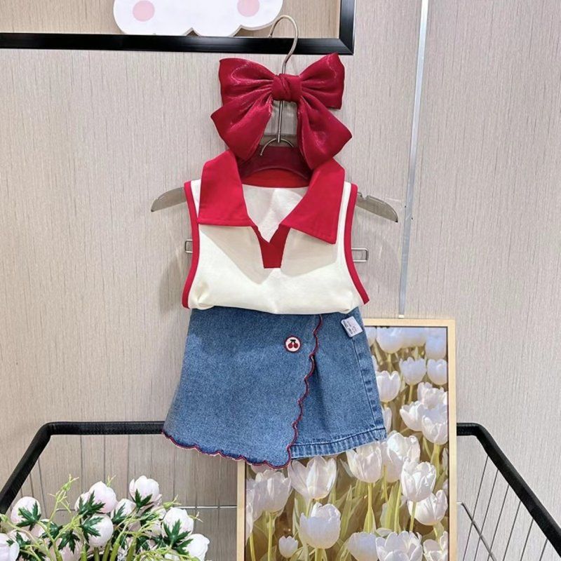 Girls suit, stylish and stylish new summer style girl's thin sleeveless top, denim shorts and skirt, two-piece trendy set