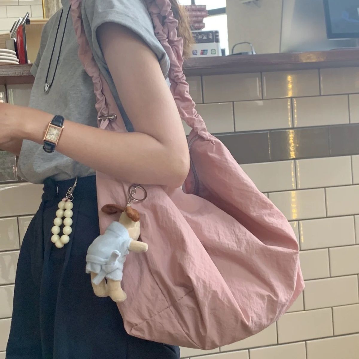 七隻布袋 韓國chic純色抽繩褶皺可愛百搭單肩包拉鏈女包通勤ins款