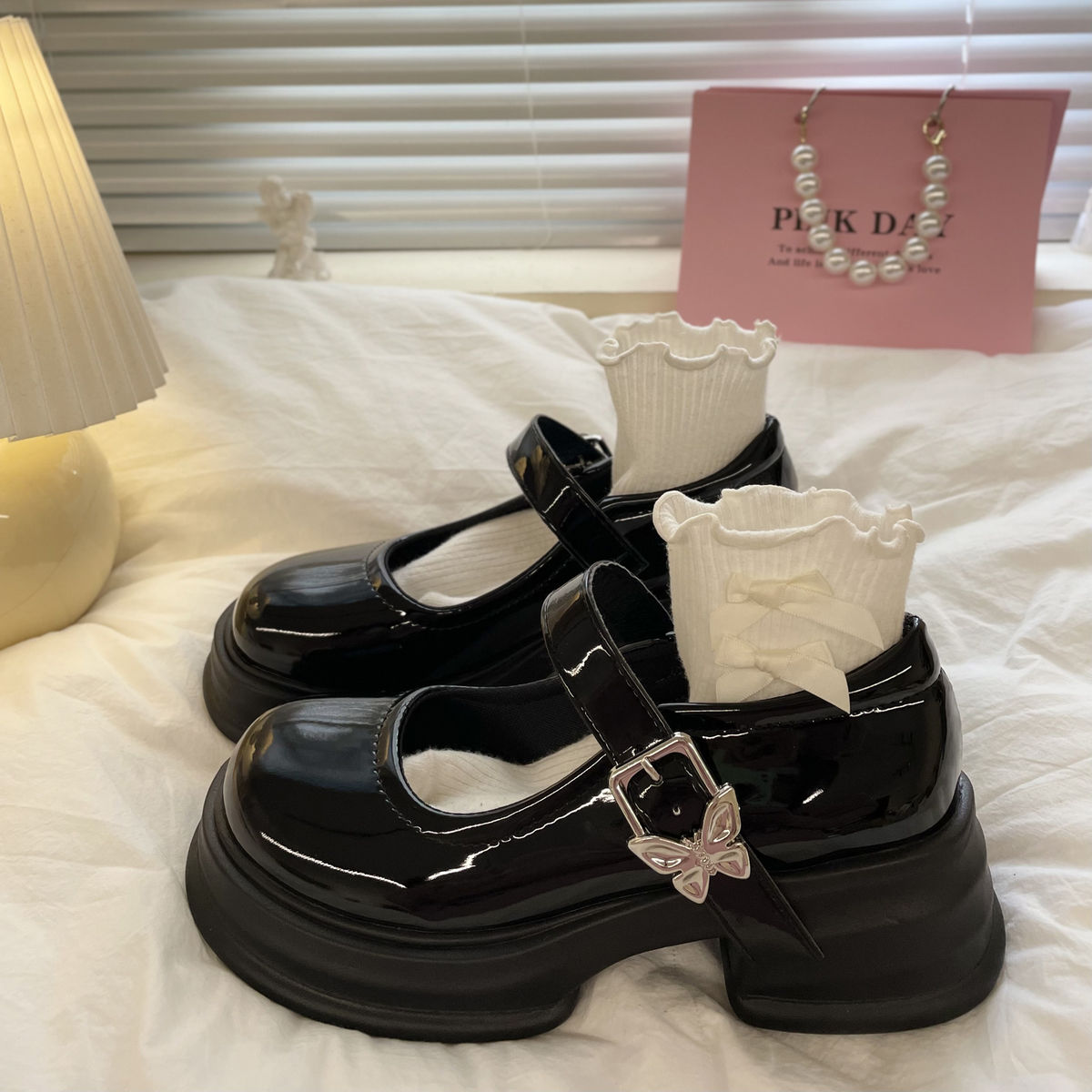 法式厚底圓頭黑色百搭小皮鞋女2023新款粗跟百搭日系jk瑪麗珍單鞋