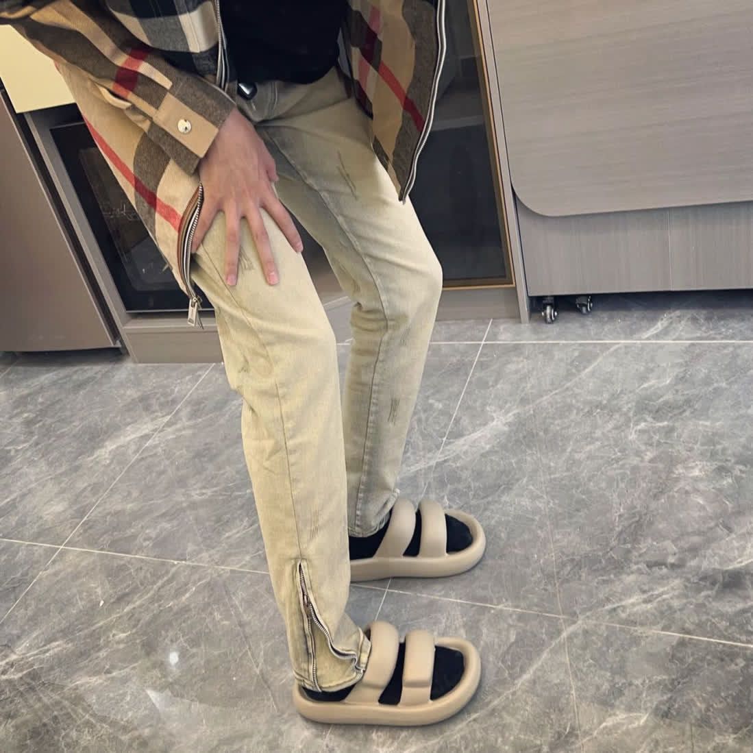 American high street washed yellow mud jeans zipper slim straight micro horn hiphop slim casual trousers for men