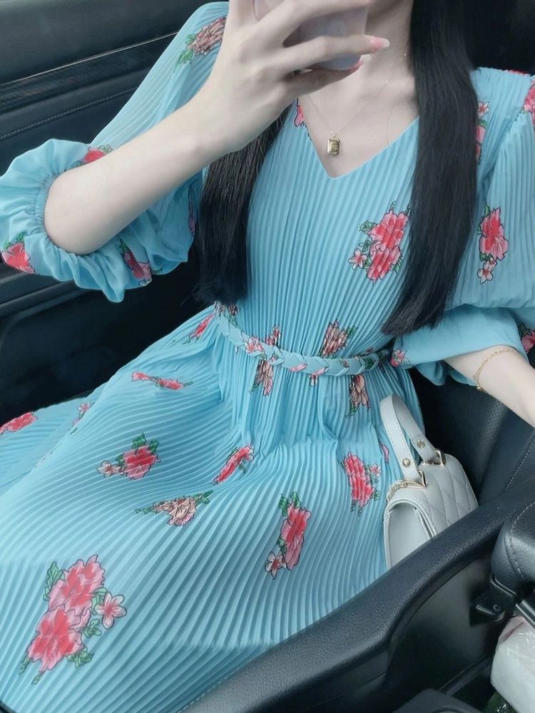 法式絕美藍色碎花連衣裙子女夏季高級感在逃公主古着vintage長裙