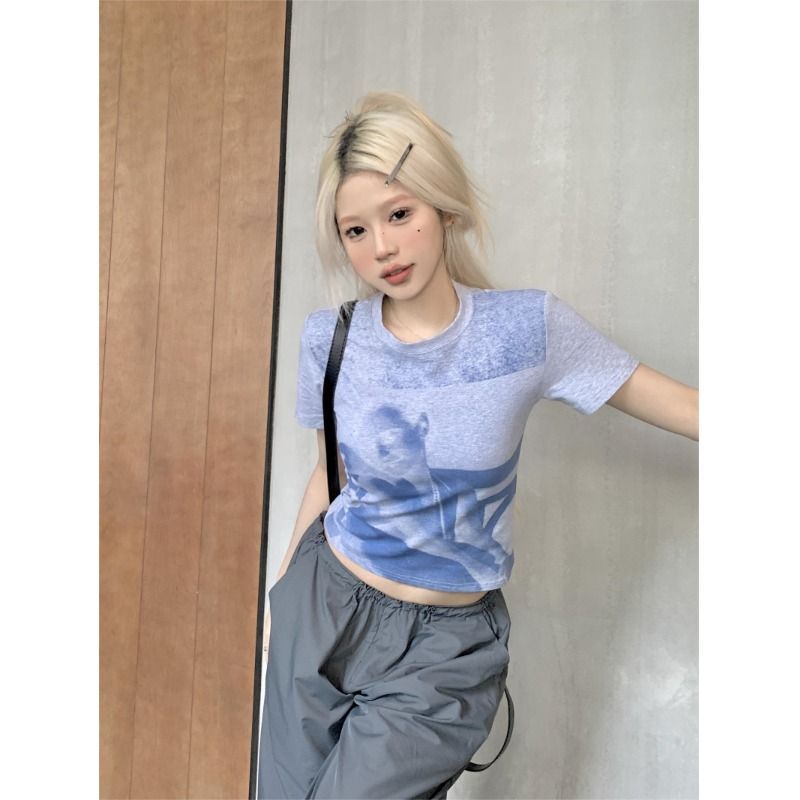 VIBRATE Korean version of the niche smudge printing short-sleeved T-shirt women's summer self-cultivation and thin short crop top Korean